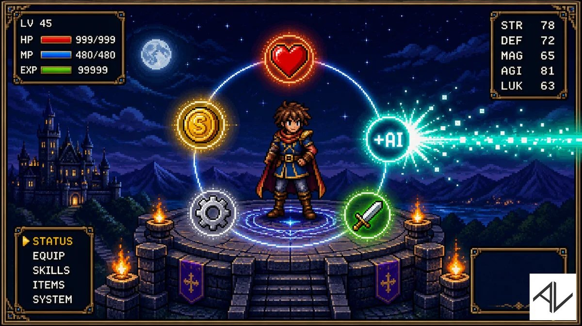 16-bit JRPG scene: a pixel hero stands mid-frame surrounded by orbiting glowing buff icons — a heart, a coin, a gear, a sword — while a bright new buff icon labelled +AI slots into the ring with a burst of sparkles.