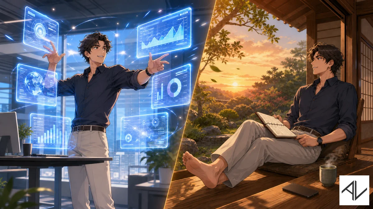 Anime split-scene of the same character twice: on the left conducting six glowing AI screens like an orchestra in a high-energy office; on the right relaxed on a wooden veranda at sunset, planning the week on paper with tea.