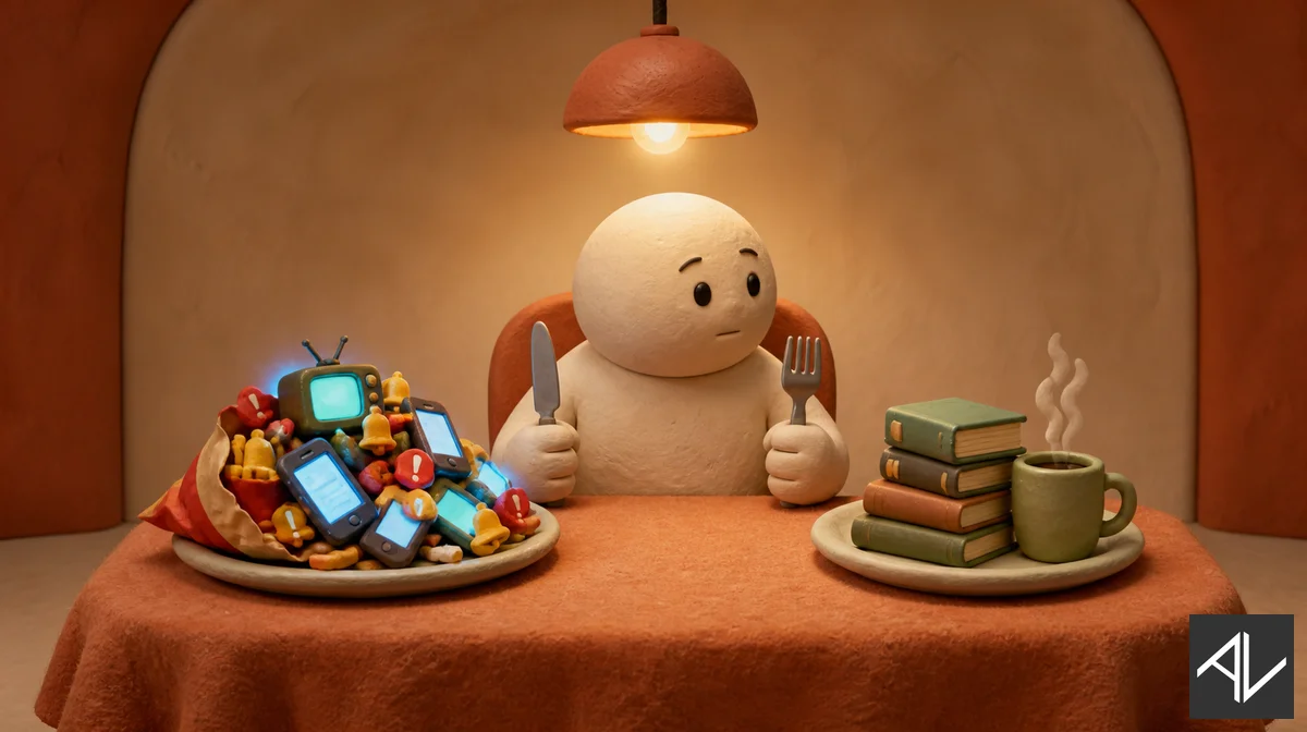 Clay render of a person at a dinner table choosing between two plates: one piled with tiny glowing smartphones and alert bells served like fast food, the other holding a neat stack of books and a steaming mug.