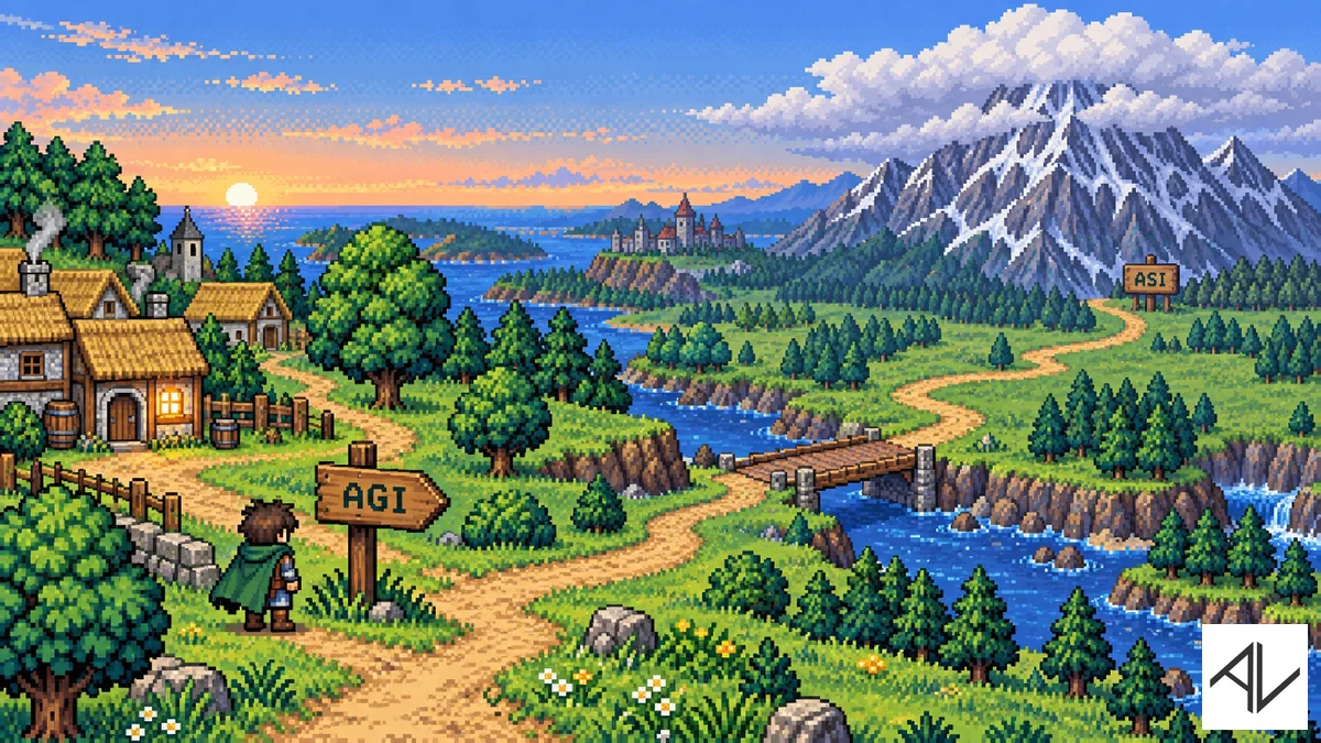 16-bit pixel-art JRPG world-map scene of a small hero sprite standing beside a wooden town signpost reading AGI at the edge of a pixel village, with a dirt road winding across fields toward a distant snow-capped mountain whose peak sign reads ASI, half hidden in clouds.