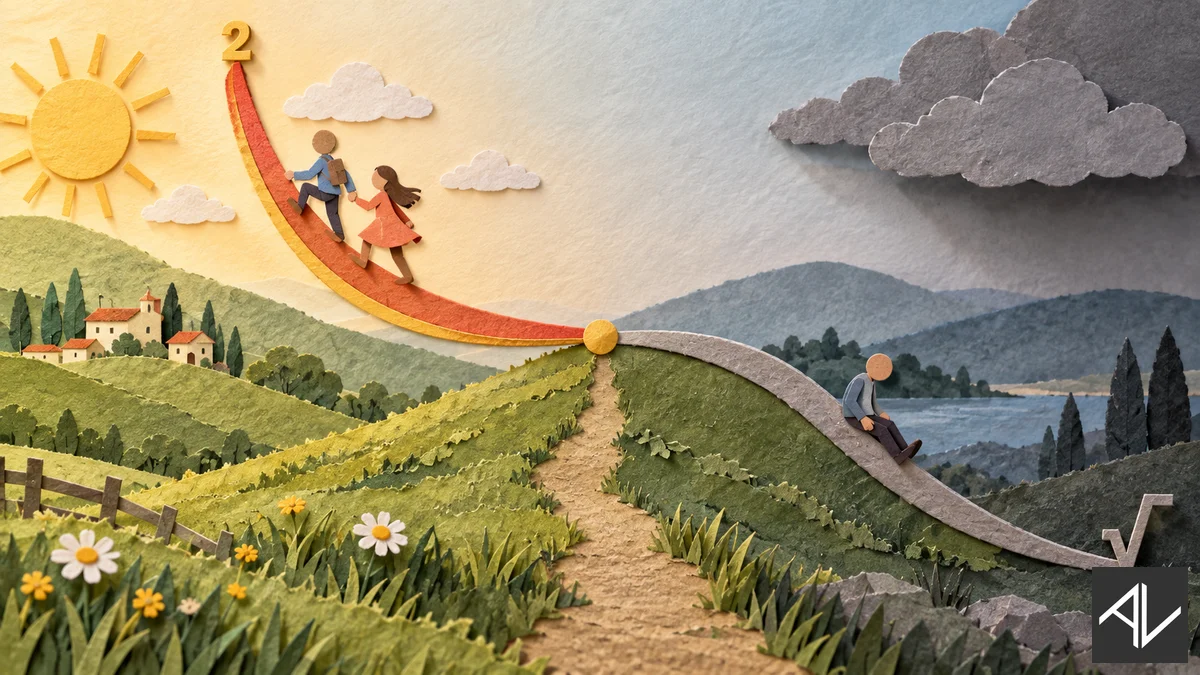 Layered papercraft scene: on the left a paper couple climbs hand in hand up a steeply rising paper curve marked with a small ² symbol; on the right a lone paper figure slides down a shallow drooping √-shaped slope, with paper clouds and hills behind.